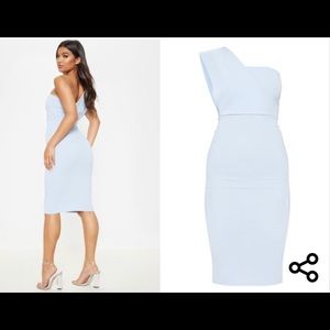 Dusty Blue One Shoulder Drape Midi Dress